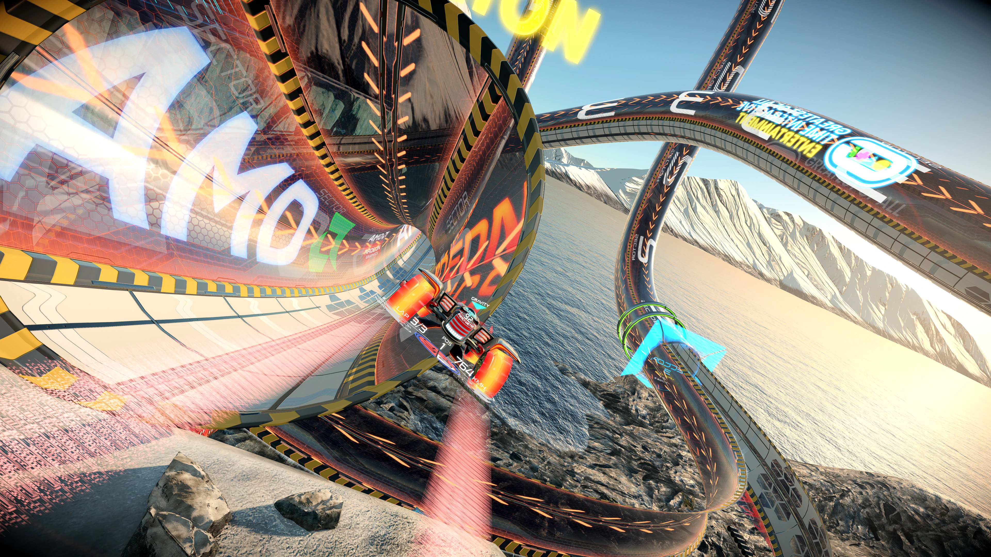 In-game: an Akuna sweeps a loop above the Antarctic coast, open sea and snowy peaks below